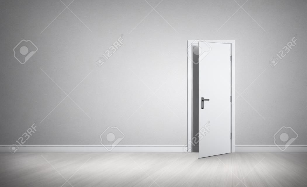 Puerta abierta de blanco en una habitación vacía de roja