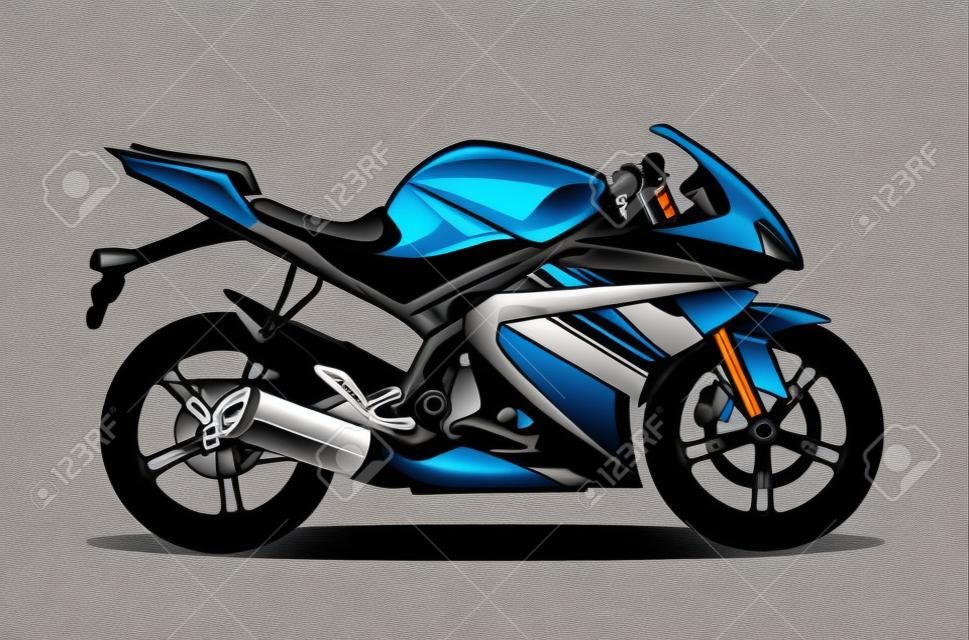 자세한 평면 검은 파란색 오토바이 또는 그림자와 함께 오토바이 만화.