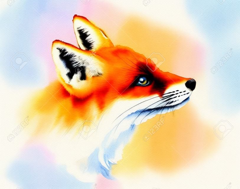 Fox olhando para cima ilustração aquarela pintado à mão isolado no fundo branco