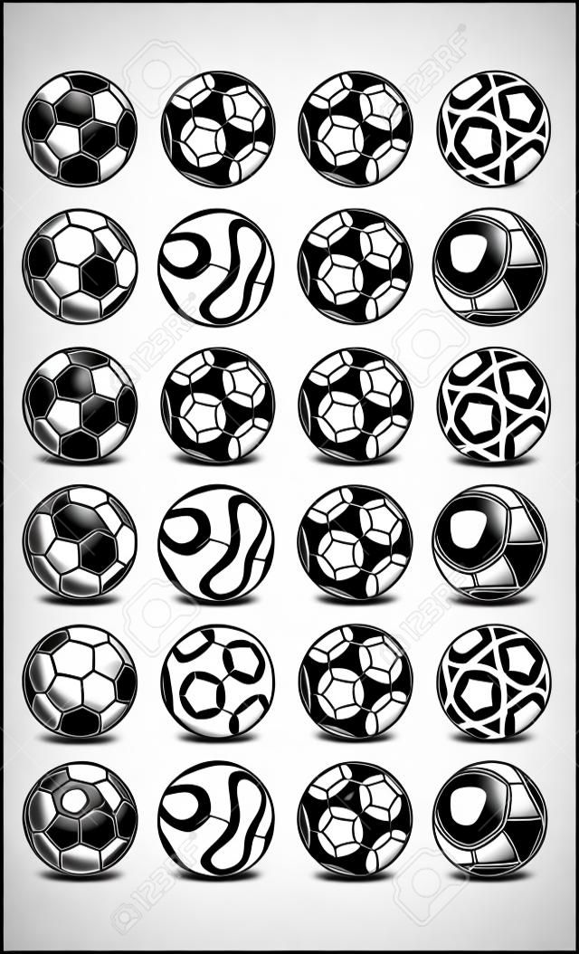 Diversi calcio calcio disegni palla in bianco e nero, ombreggiato e di colore