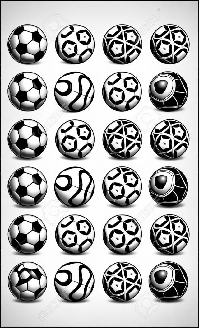 Diferentes designs de bola de futebol em preto e branco, sombreado e na cor