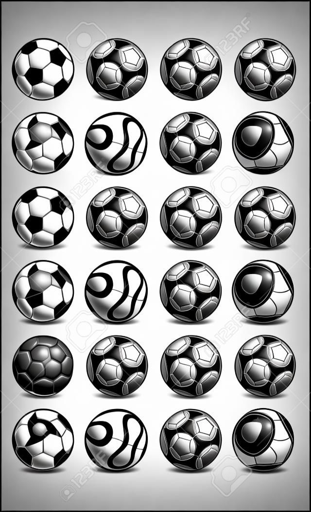 Diversi calcio calcio disegni palla in bianco e nero, ombreggiato e di colore