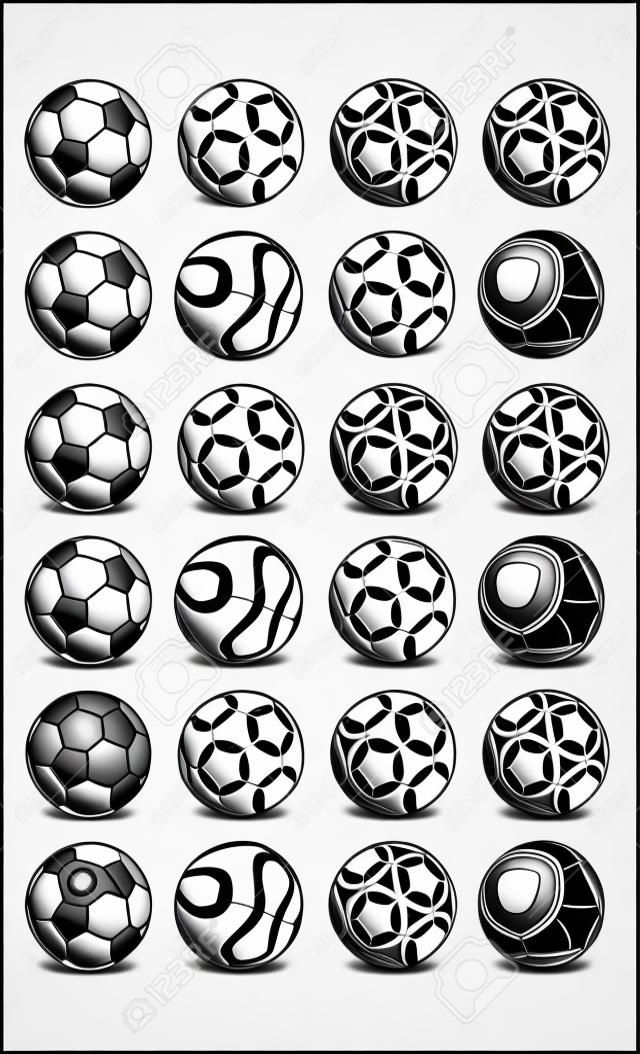 Diferentes designs de bola de futebol em preto e branco, sombreado e na cor