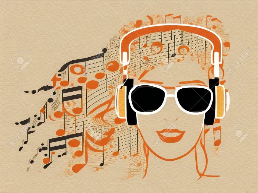 Ilustración de la mujer con las notas musicales para auriculares llevan el pelo