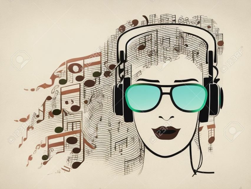 Ilustración de la mujer con las notas musicales para auriculares llevan el pelo