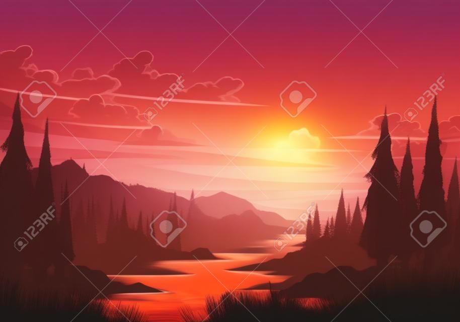 Sunset Valley Landscape Illustration