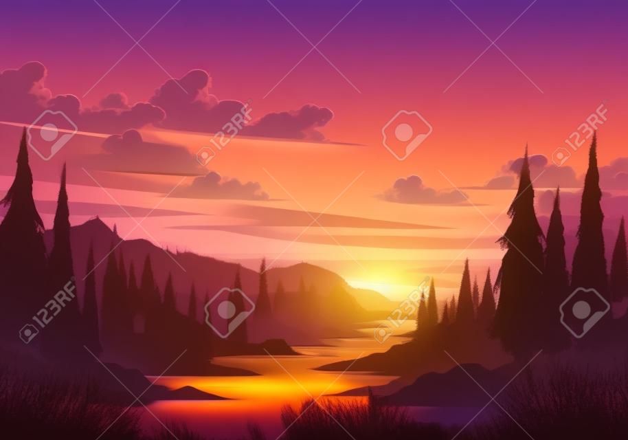 Ilustracja krajobraz doliny zachodu słońca