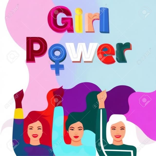 International Women's Day, feminism, girl power concept. Group of women different nationalities and cultures showing their power. Women empowerment. Vector illustration on white background.