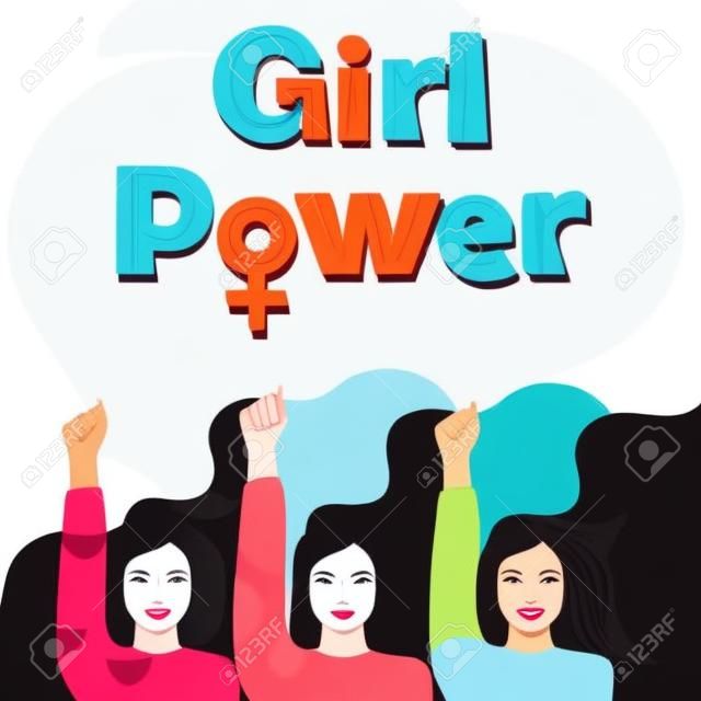 International Women's Day, feminism, girl power concept. Group of women different nationalities and cultures showing their power. Women empowerment. Vector illustration on white background.