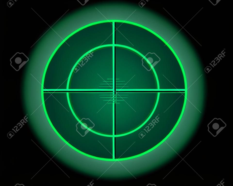 View through the optical sight scale. Night vision style of military weapon view vector illustration. Circle frame of transparent lense. Graduated reticle cross hair measuring range finder.