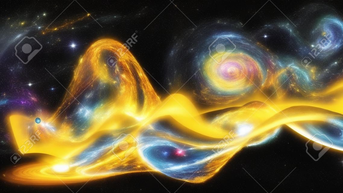 Un flux abstrait de rayonnement doré volant dans l'espace extra-atmosphérique à travers les galaxies et les orbites. Des amas d'étoiles se sont rassemblés en réseaux, se tordant dans des lacets tissés en un flux. Des grappes d'énergie en spirale se croisent.