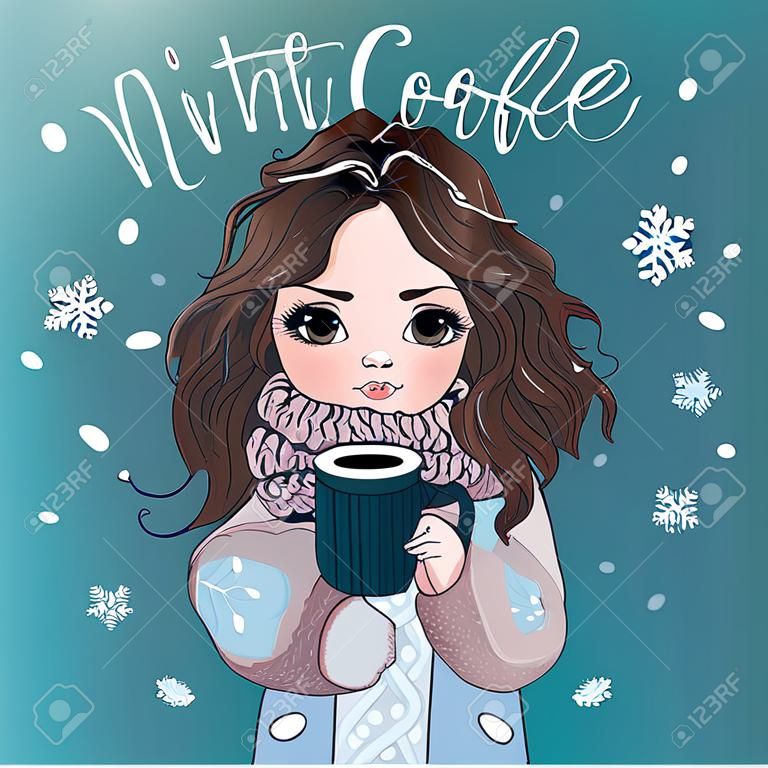 portrait of cute winter cartoon  girl with coffee cup