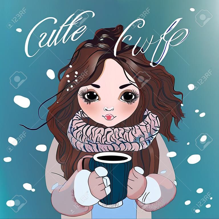 커피 컵과 귀여운 겨울 만화 여자의 초상화