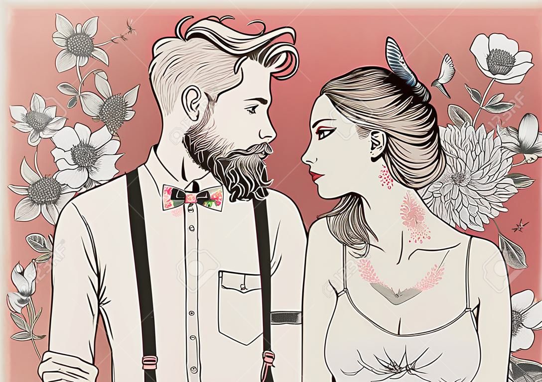 꽃 요소와 hipster 커플입니다. 삽화