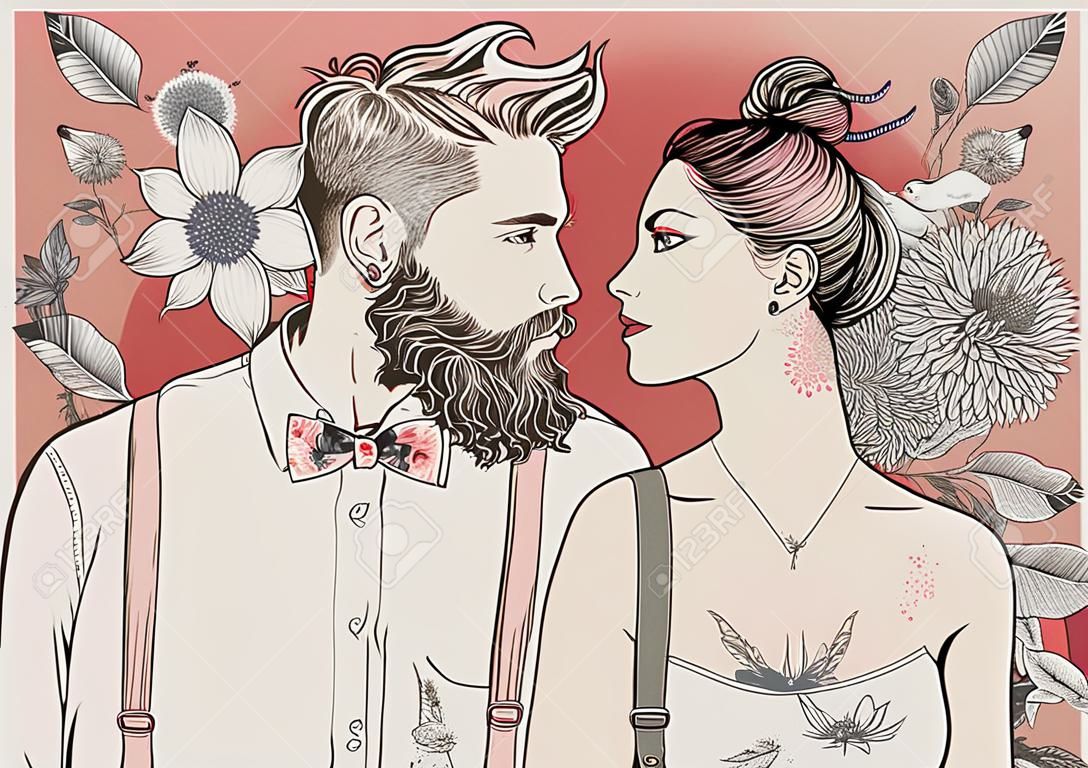 꽃 요소와 hipster 커플입니다. 삽화