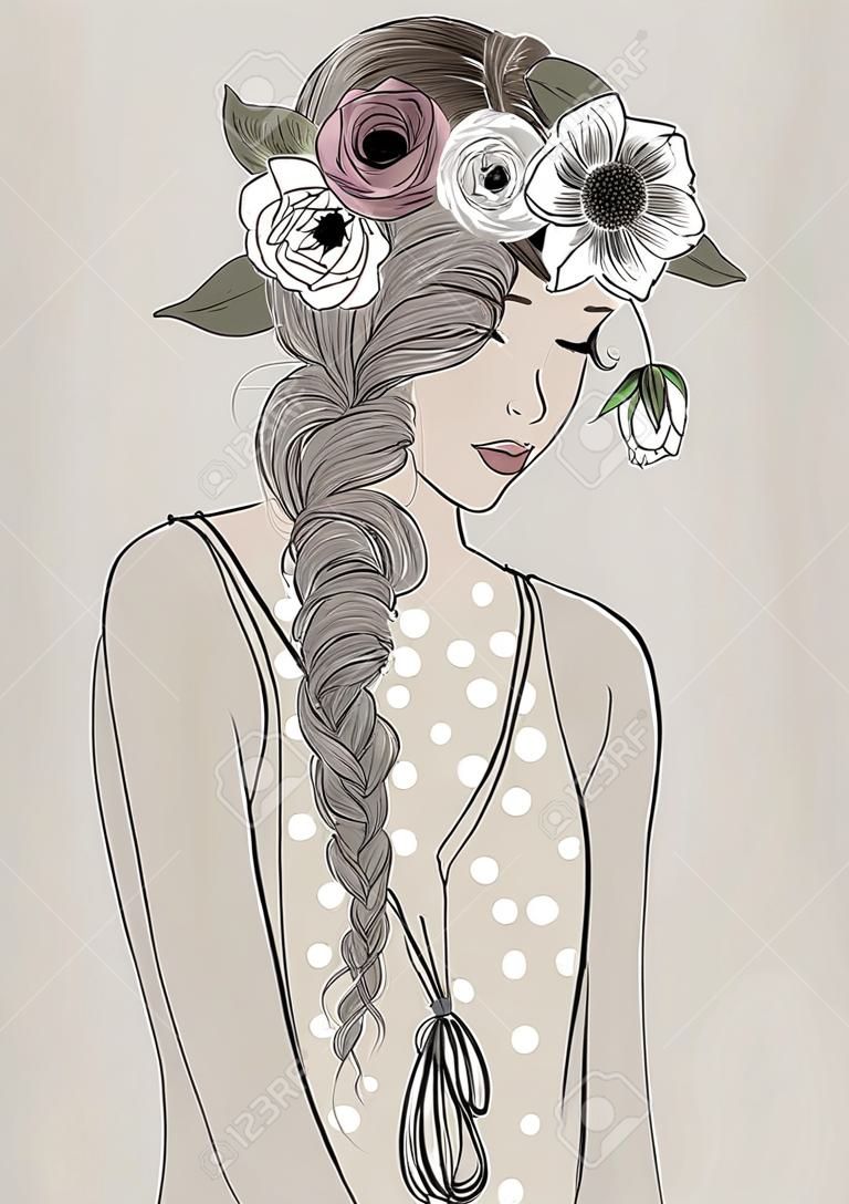 三つ編みと花のかわいい漫画の女の子