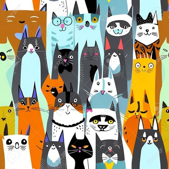 Funny cute cartoon cats seamless pattern. vector illustration