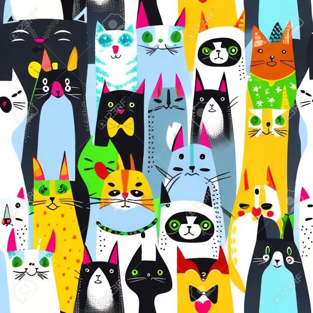 Funny cute cartoon cats seamless pattern. vector illustration