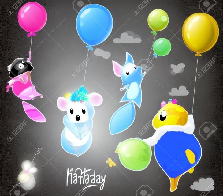 Kolekcja zwierząt mucha urodziny wektor ładny z balonów