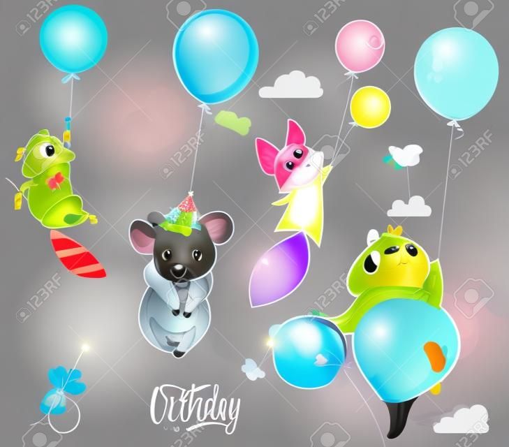 Colección de animales lindos de la mosca del cumpleaños del vector con los globos