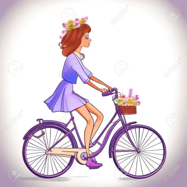 милый мультфильм девушка на велосипеде с цветами