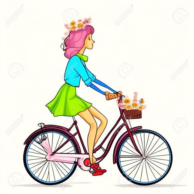schattig cartoon meisje op de fiets met bloemen