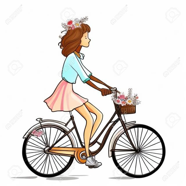 menina bonito dos desenhos animados na bicicleta com flores