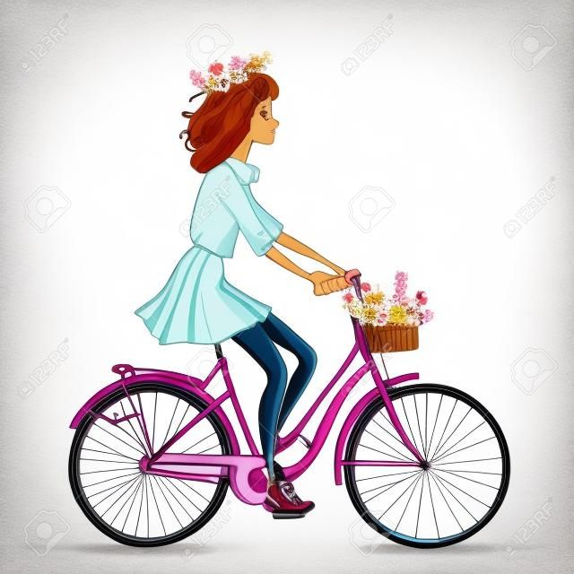 süßes Cartoon-Mädchen auf dem Fahrrad mit Blumen