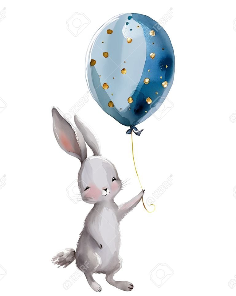 cute watercolor hare fly with balloon