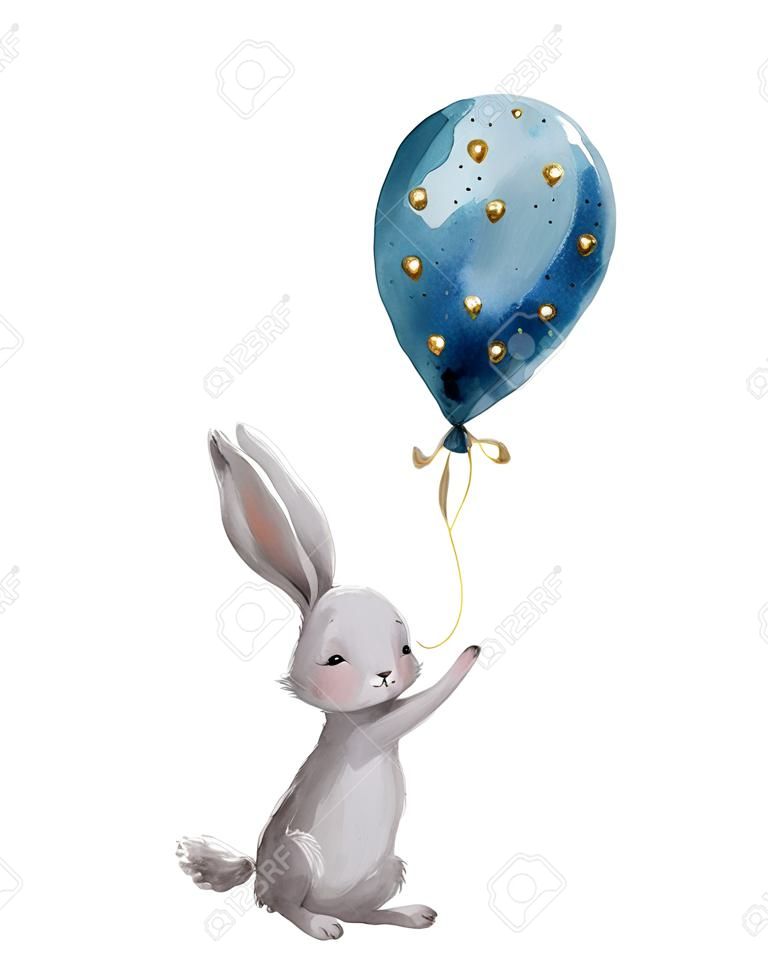 cute watercolor hare fly with balloon