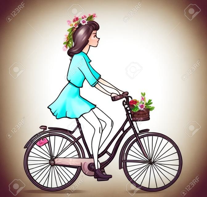 personaggio ragazza carina sulla bici con ghirlanda di fiori
