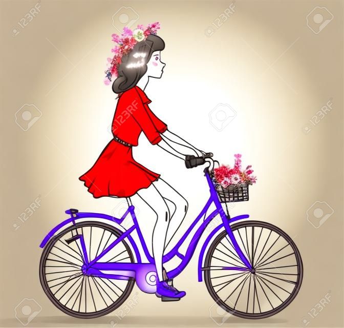 personaggio ragazza carina sulla bici con ghirlanda di fiori