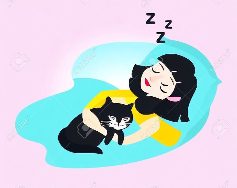 睡覺的女孩與貓。卡通幸福的女人。甜蜜的夢。睡覺的女孩圖標。在家裡睡覺，睡覺的貓。矢量插圖在白色背景。扁貼紙