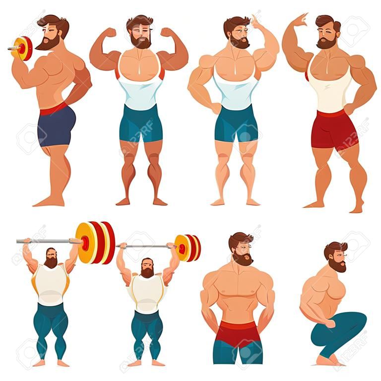 Set of muscular, bearded mans vector illustration. Fitness models, posing, bodybuilding. Isolated on white background