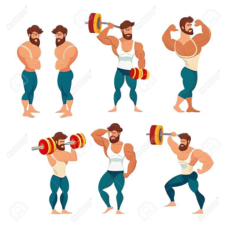 Set of muscular, bearded mans vector illustration. Fitness models, posing, bodybuilding. Isolated on white background