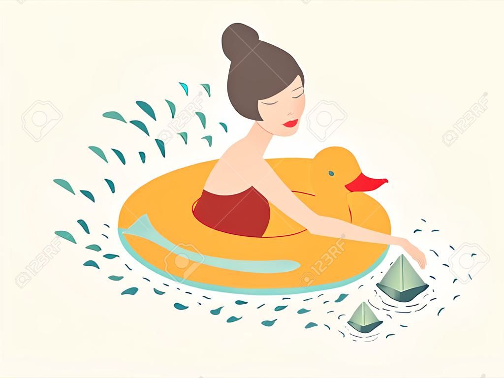 Girl with duck, lifebuoy floating, paper boats on water on light beige background. Vector illustration, valentines day card