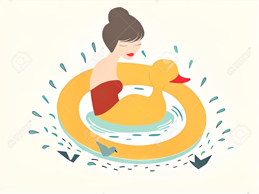 Fille au canard, bouée de sauvetage flottante, bateaux en papier sur l'eau sur fond beige clair. Illustration vectorielle, carte de jour de valentines