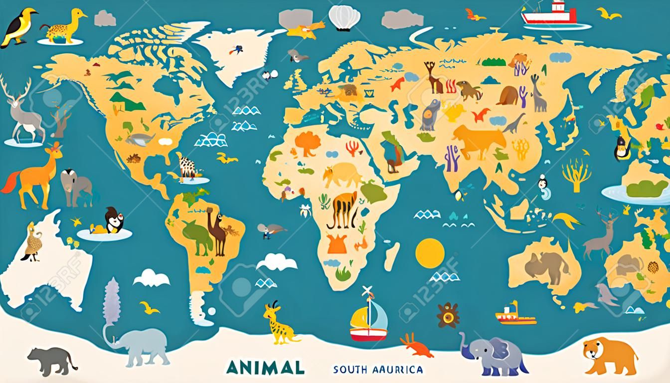 карта животных для малыша. Всемирный вектор плакат для детей, мило иллюстрированный. Дошкольный мультфильм шар с животными. Мировой океан и континент: Южная Америка, Евразия, Северная Америка, Африка, карта мира Australia.Baby