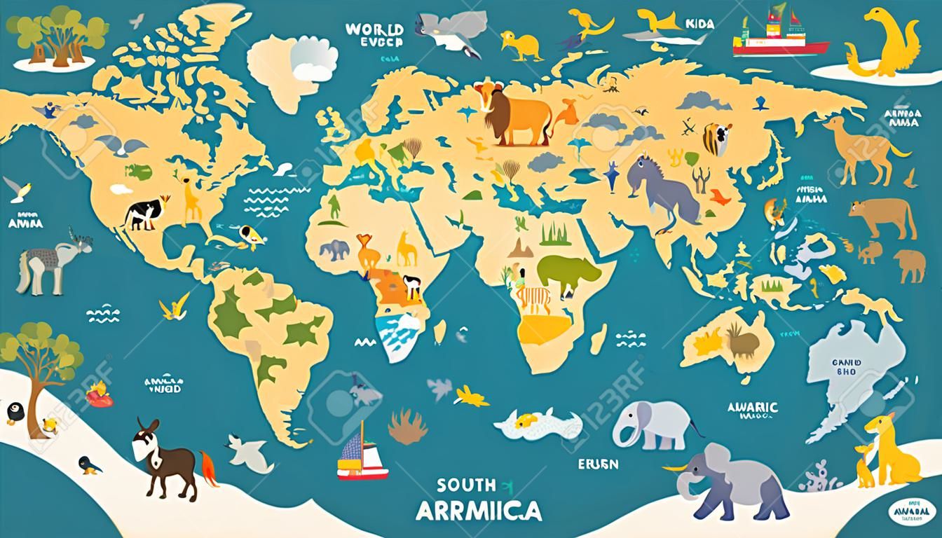 Mapa animal para criança. Cartaz do vetor do mundo para crianças, ilustrado bonito. Globo dos desenhos animados da pré-escola com animais. Oceanos e continente: América do Sul, Eurásia, América do Norte, África, Austrália. Mapa do mundo do bebê