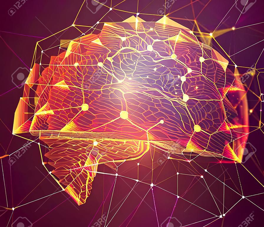 배경에 3차원 벡터 사이버 두뇌 신경망 메가 데이터 처리 템플릿 인터페이스 디자인