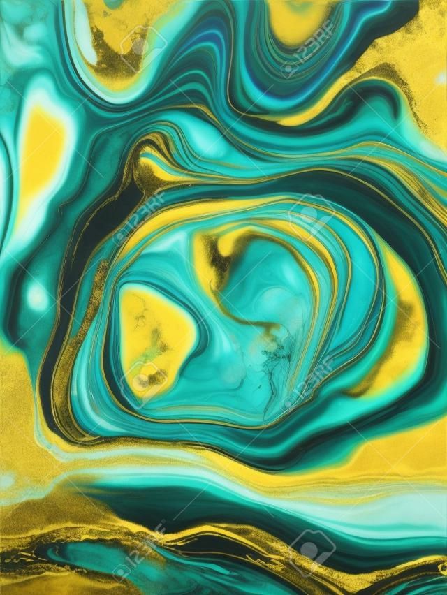 Luxury abstract fluid art painting background alcohol ink technique turquoise with gold. Marble texture