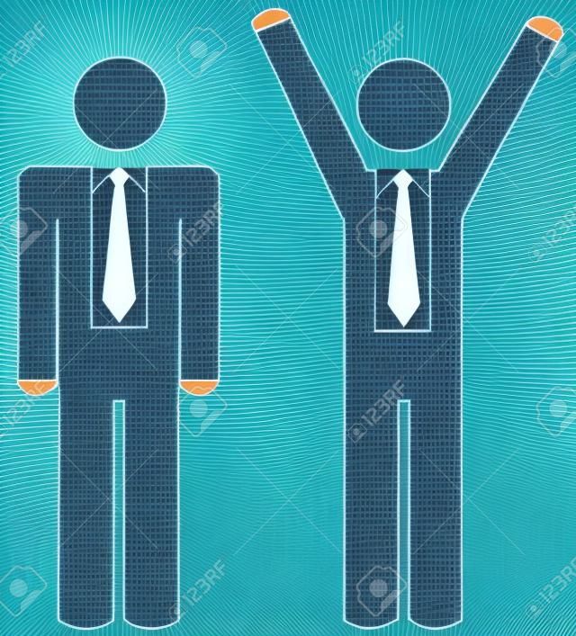 business man - stick figures one with arms up celebrating wearing business ties