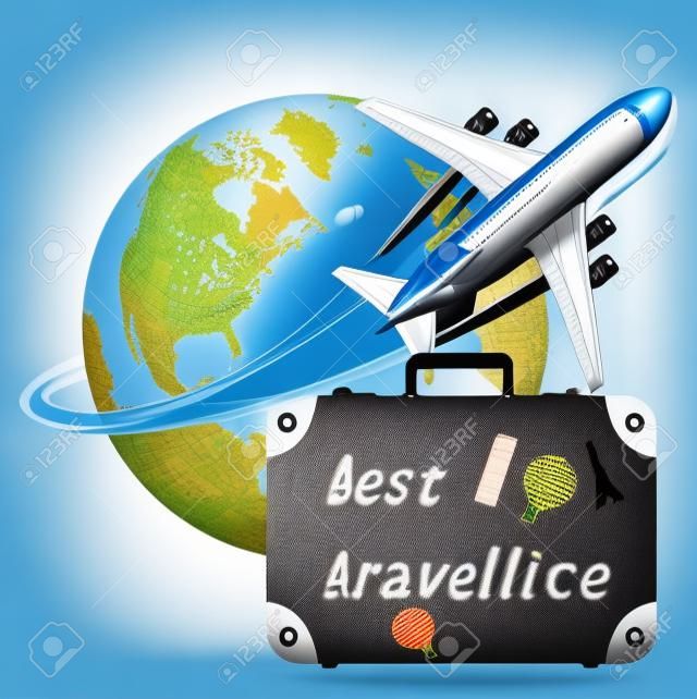 airplane with globe and travel suitcase