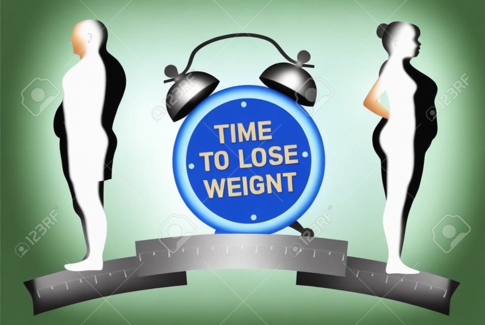 È ora di perdere peso. Concetto di perdita di peso. Uomo e donna grasso e magro.