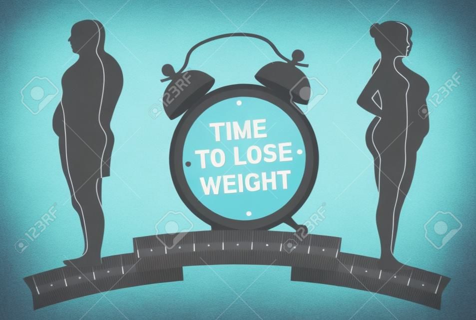 Time to Lose Weight. Weight loss concept. Fat and thin man and woman.