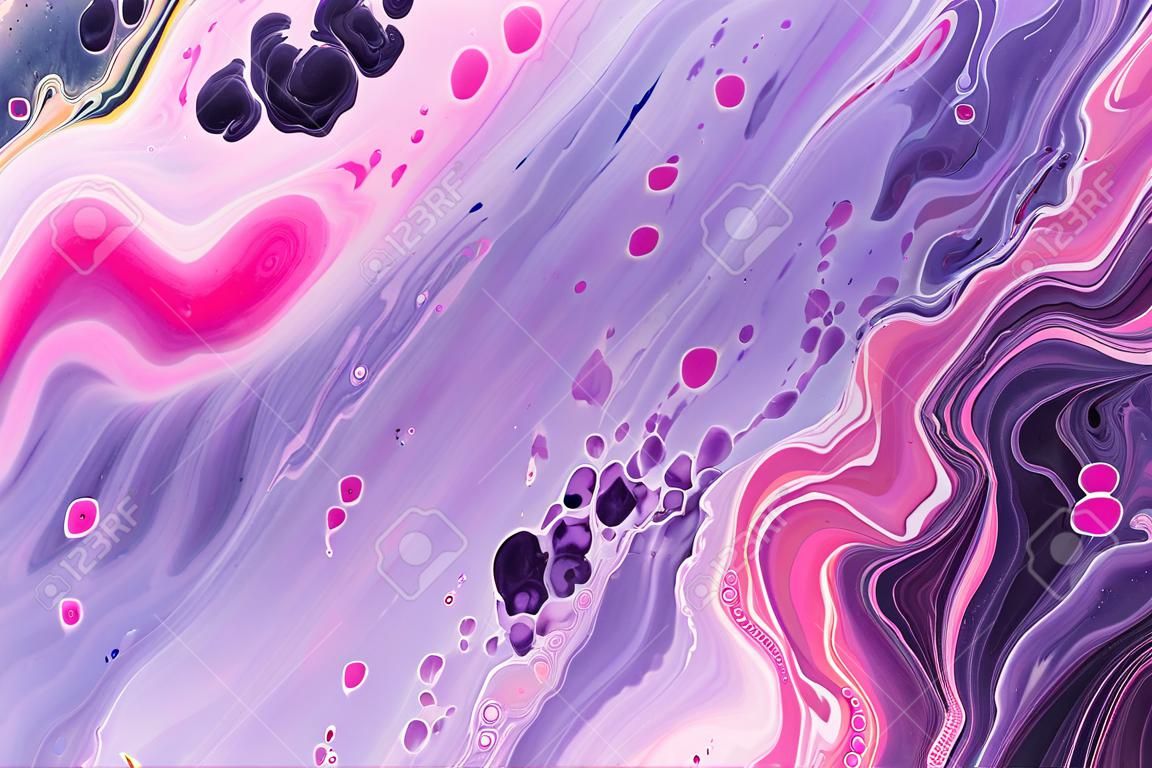 Neon pink bubbles and purple waves. Fluid Art. Marble effect background or texture