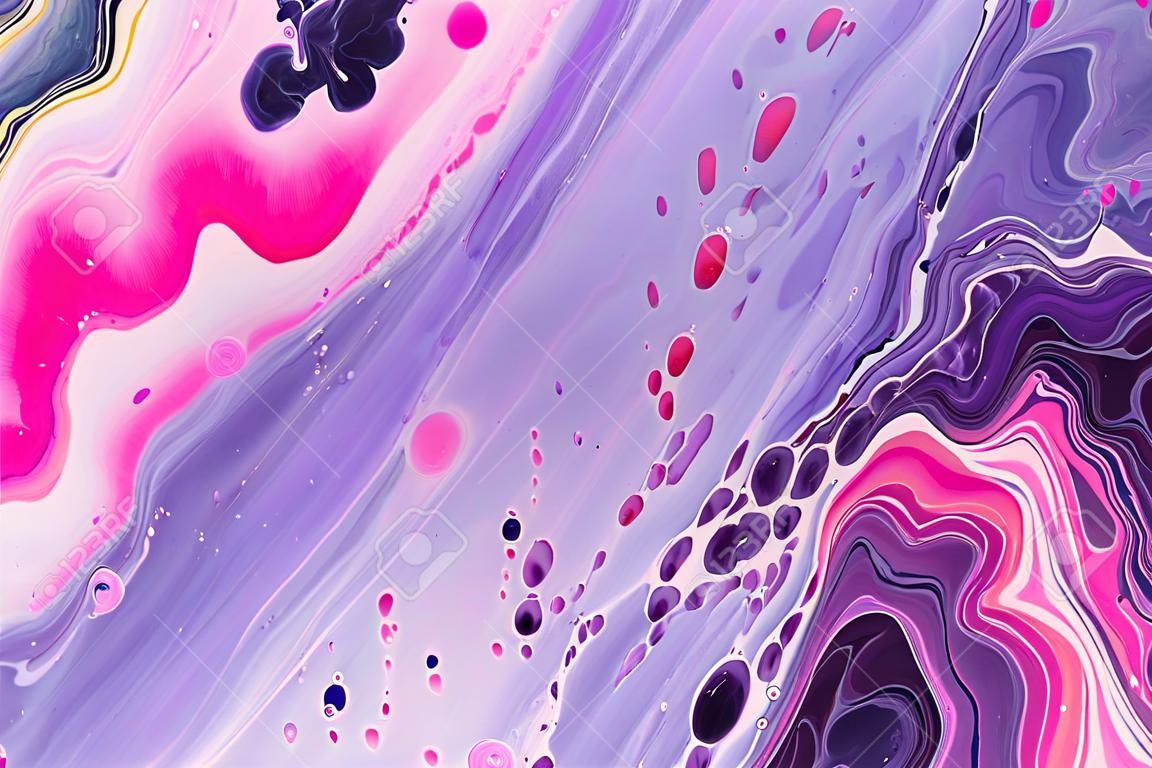 Bolhas cor-de-rosa de néon e ondas roxas. Arte fluida. Fundo ou textura do efeito do mármore