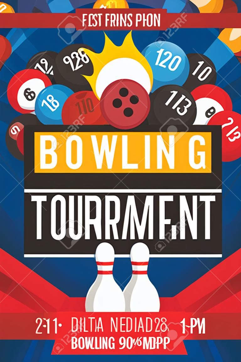 Colorful vector poster template for bowling tournament. Flat style.