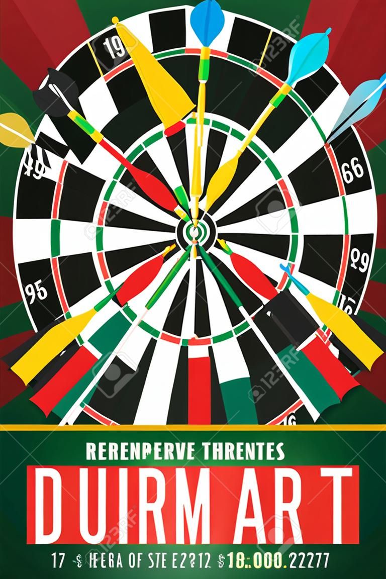 dart turnuvası için renkli vektör poster şablonları. Düz tarzı.