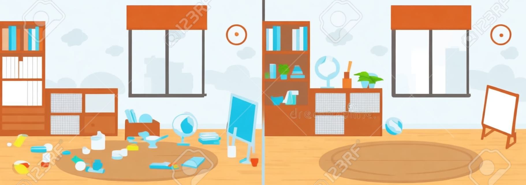 illustration vectorielle de chambre propre et sale